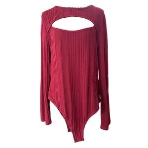 Cider Ribbed Cutout Long Sleeve Bodysuit Burgundy Red Women 2XL Y2K Grunge